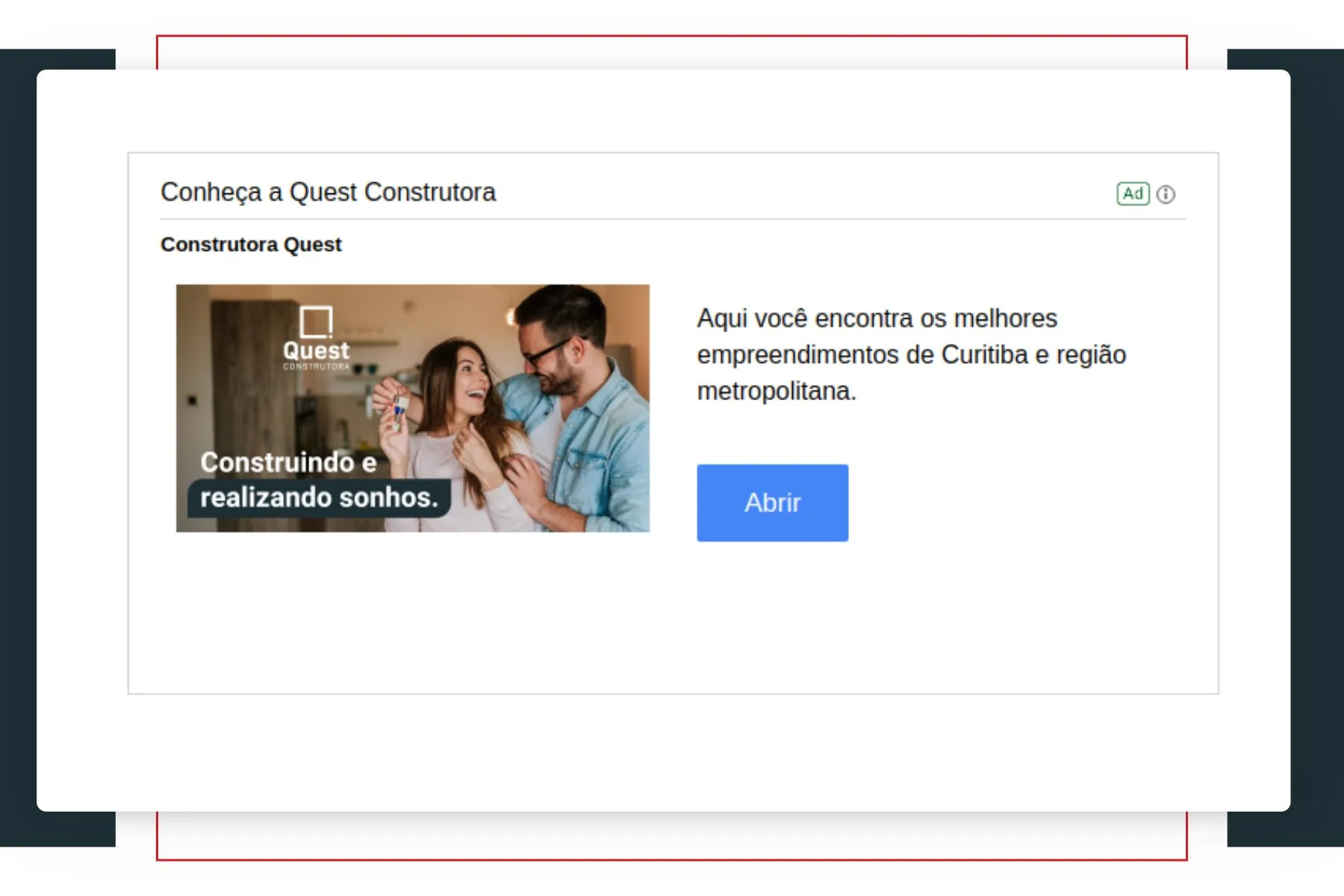 Peça de campanha da Quest Incorporadora